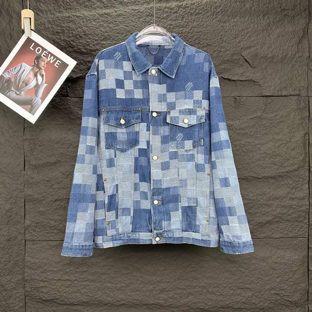 Donkey's new mosaic plaid couple's washed denim jacket, high version. High versi