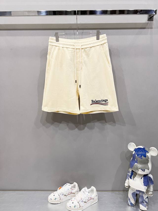 Balenciaga pure cotton terry shorts. Classic wave cola letter logo embroidery. O