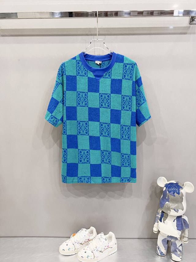 Loewe custom-made towel fabric round neck T-shirt with checkerboard contrasting