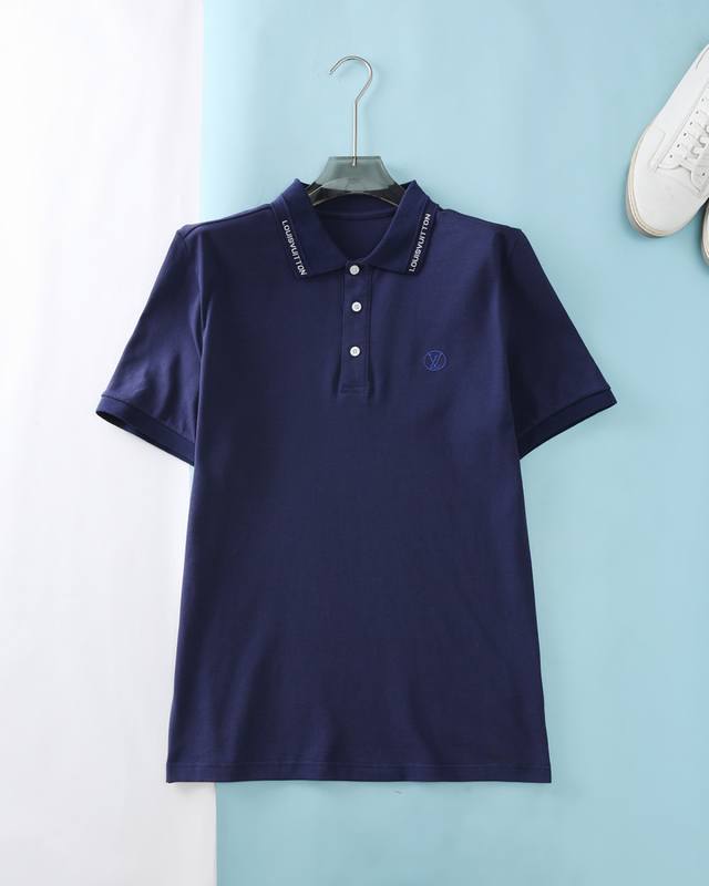 New Lou V SS summer new mesh pique cotton, stylish lapel short tee, men's busine