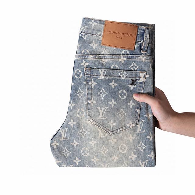 Lv brand new men's trousers jeans, four seasons slim classic fashion retro heavy