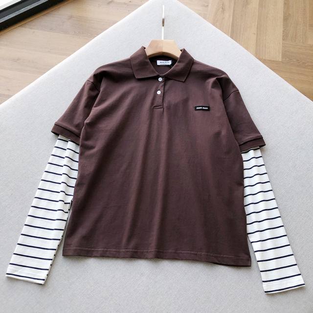 Miu Striped Sleeves with Fake Two-Piece Pattern ~ Burgundy Lapel Long-Sleeved T-