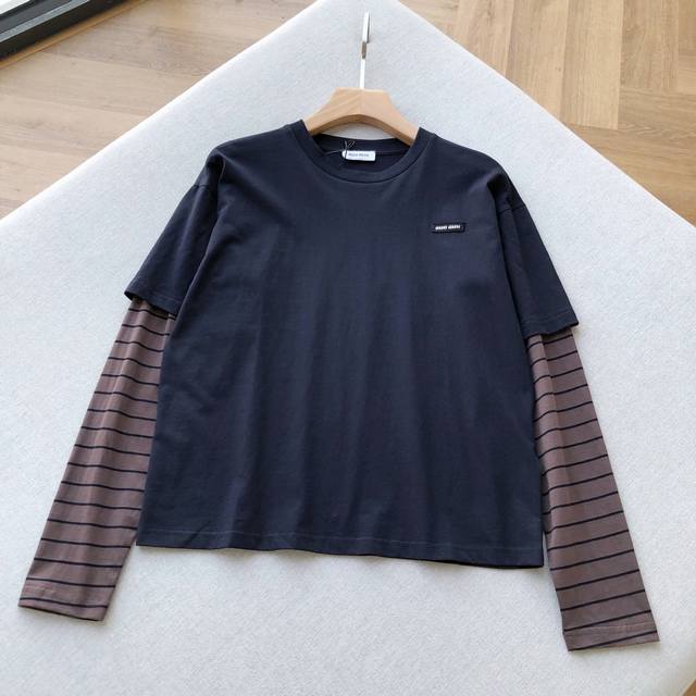 Miu Navy Blue Fake Two-Piece Striped Sleeve Lapel Long-Sleeved T-shirt for Women