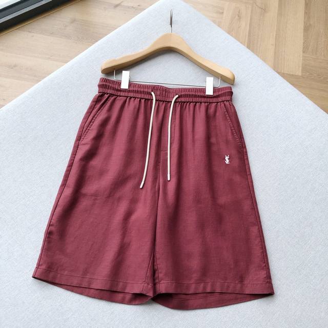 YSL Custom-Woven Burgundy Linen Shorts. A stylish summer outing is essential for
