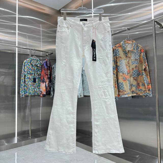 D Purple Brand ripped street style flared stretch jeans. Color: White. Sizes: 30