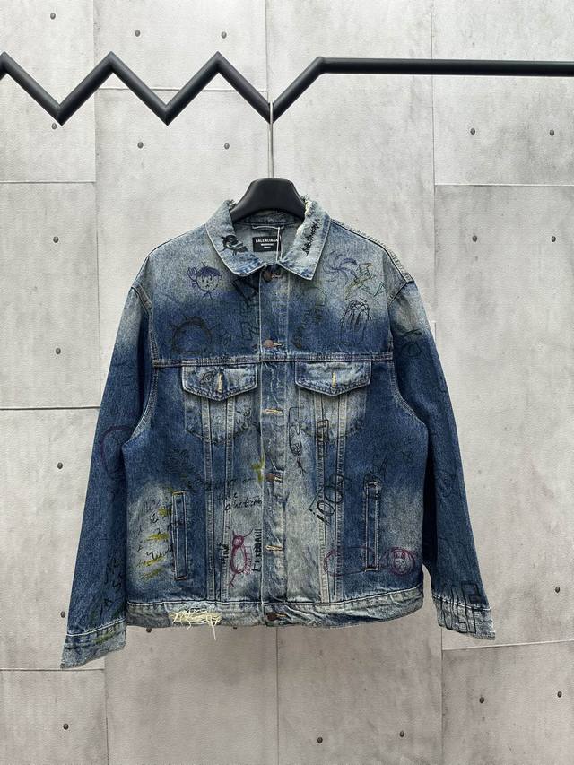 D Balenciaga 2025Ss graffiti hand-painted fun denim jacket Size: SML Xl