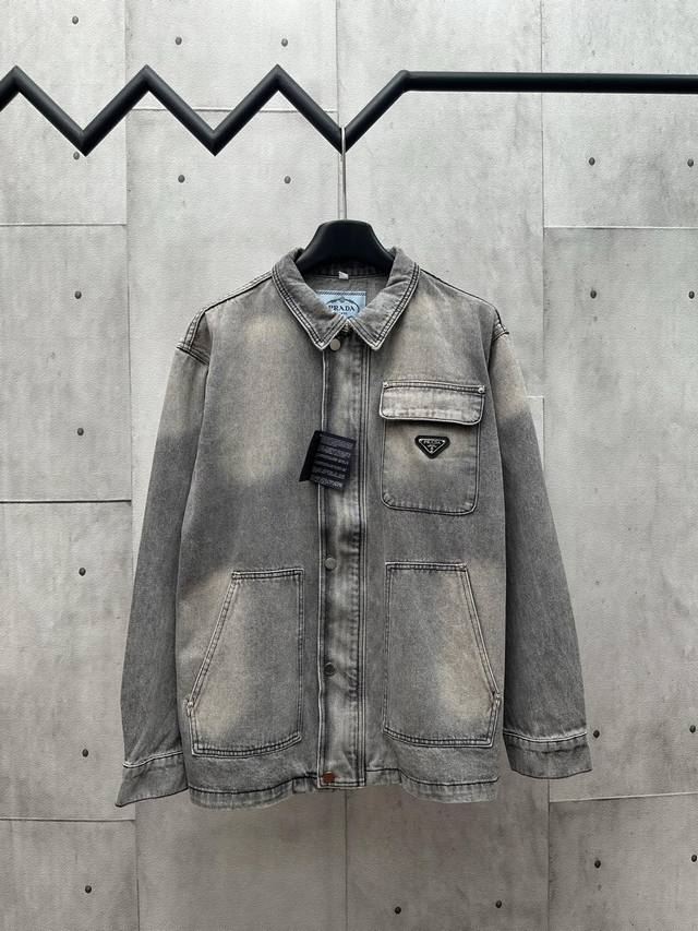 D Prada 25Fw washed denim jacket with triangle logo, made in Italy on high-densi