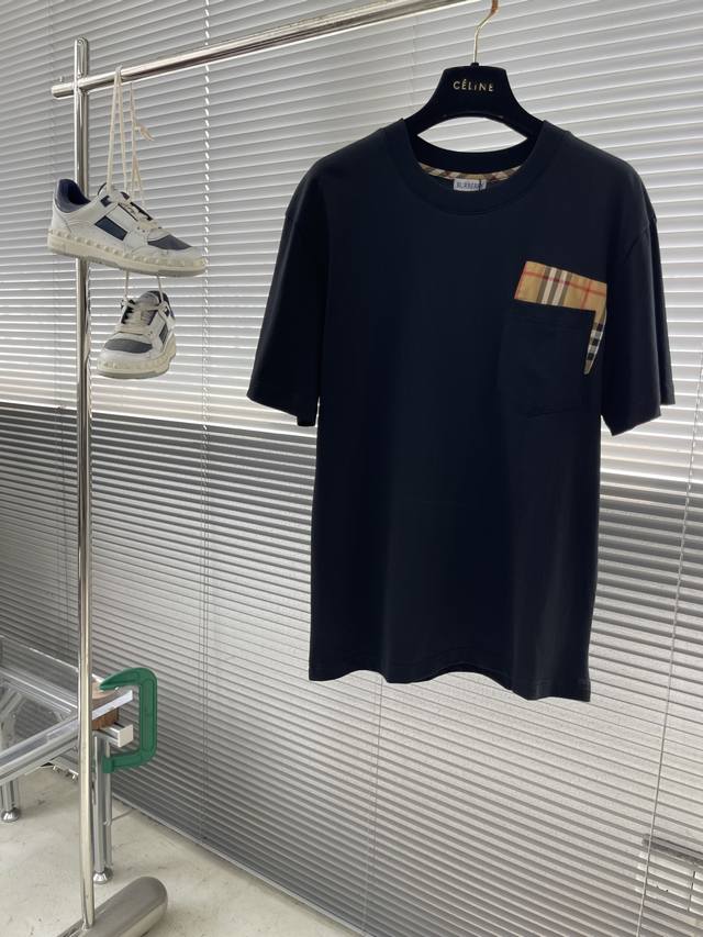 Bbr Classic plaid men's basic T-shirt. Small pocket design and natural bee embro