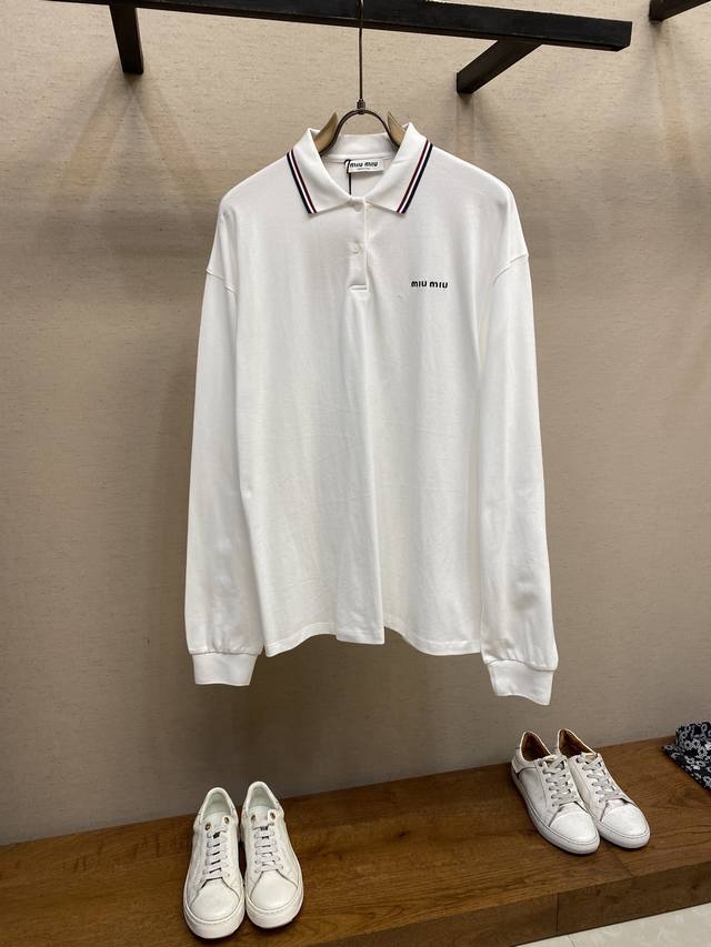 Miu Miu solid color embroidered logo long-sleeved polo shirt, authentic 7089 pur