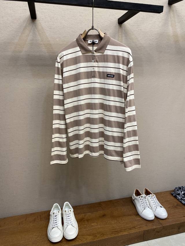 Miu Miu 25Ss striped cotton jersey long-sleeved polo shirt, authentic 9868 purch