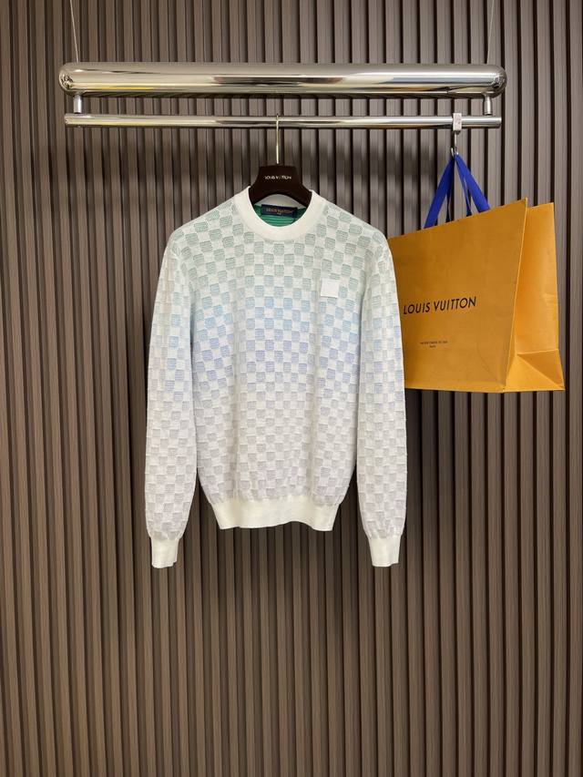 Lv gradient checkerboard knitted round neck long-sleeved sweatshirt, woven with