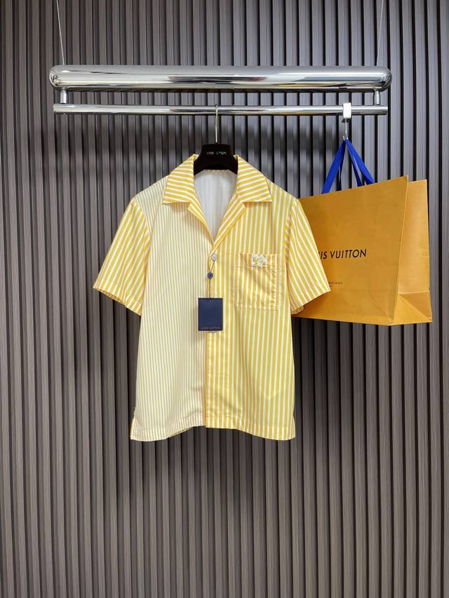 Lv 2025Fw autumn and winter new patchwork striped short-sleeved lapel shirt, wit