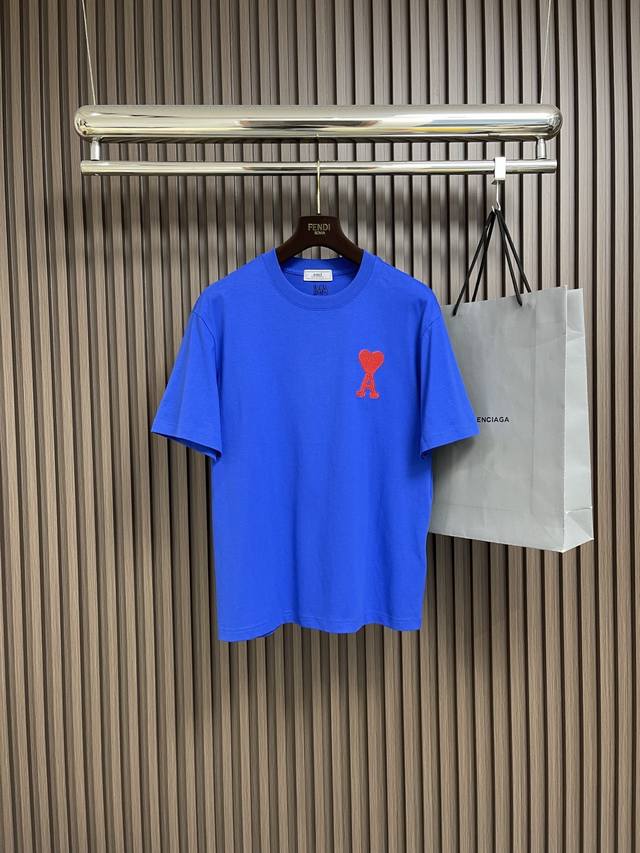 Ami 2025Ss summer embroidered heart knitted short-sleeved T-shirt, made from 340
