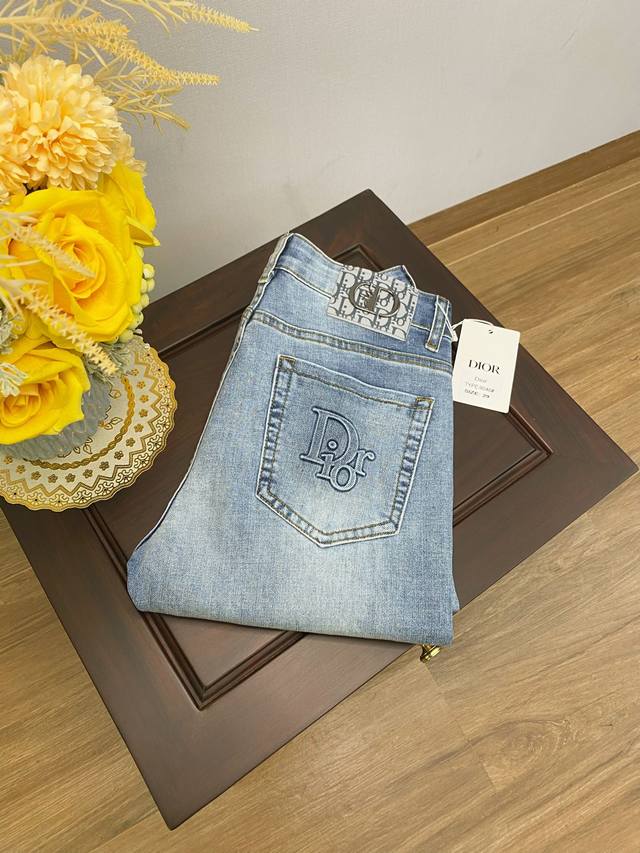 Dior classic style personalized embroidery retro yellow washed jeans pure cotton