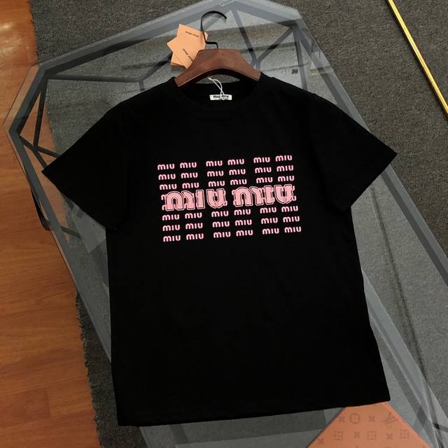 Miu Miu 2025 new style letter embroidered logo printed short-sleeved T-shirt, or