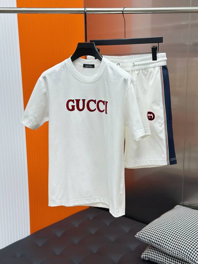 Gucci's latest short-sleeved suit for spring/summer 25, featuring a heavily embr