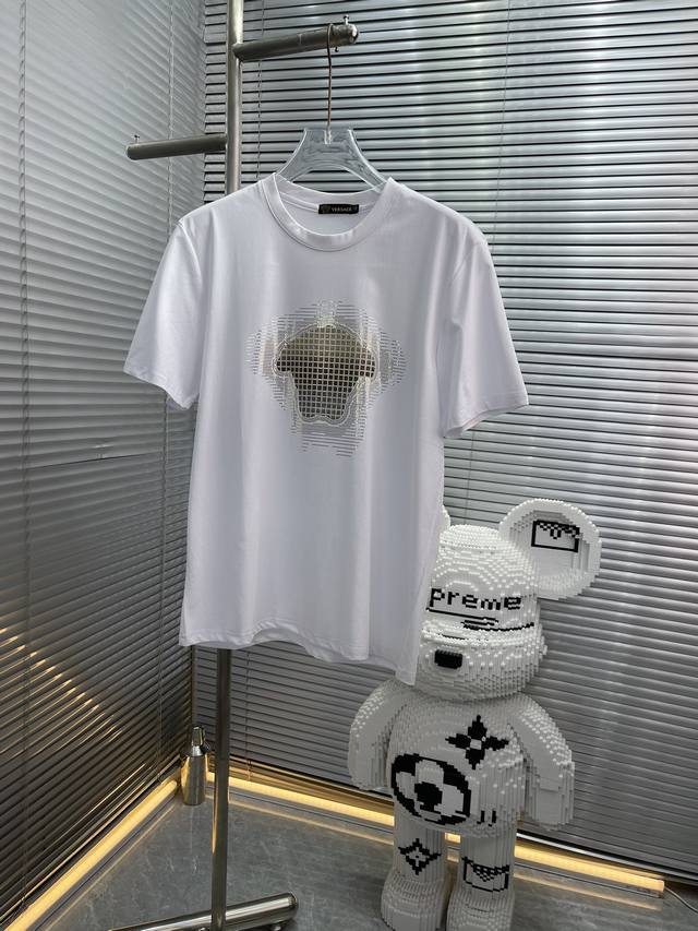Qq Versac* Versace brand logo print and rhinestone short-sleeved T-shirt. Custom