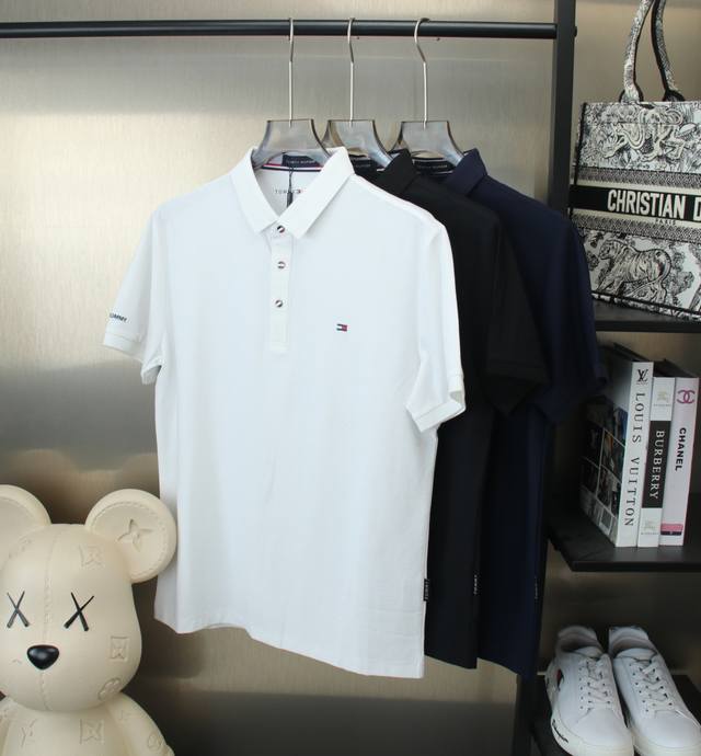 Long high-end embroidered logo, 2025Ss Tommy's new fashion lapel short-sleeved P