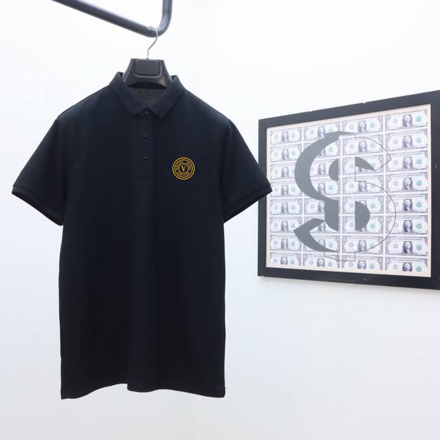 Versace latest version of lapel Polo short sleeve, solid color versatile two-ton