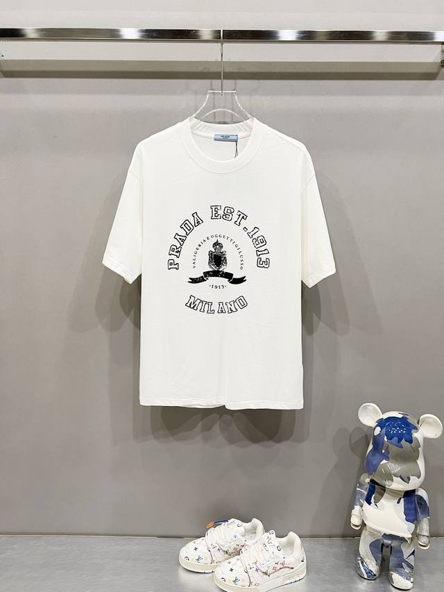 Prada 320g round neck short-sleeved T-shirt with brand letter crown print and 19