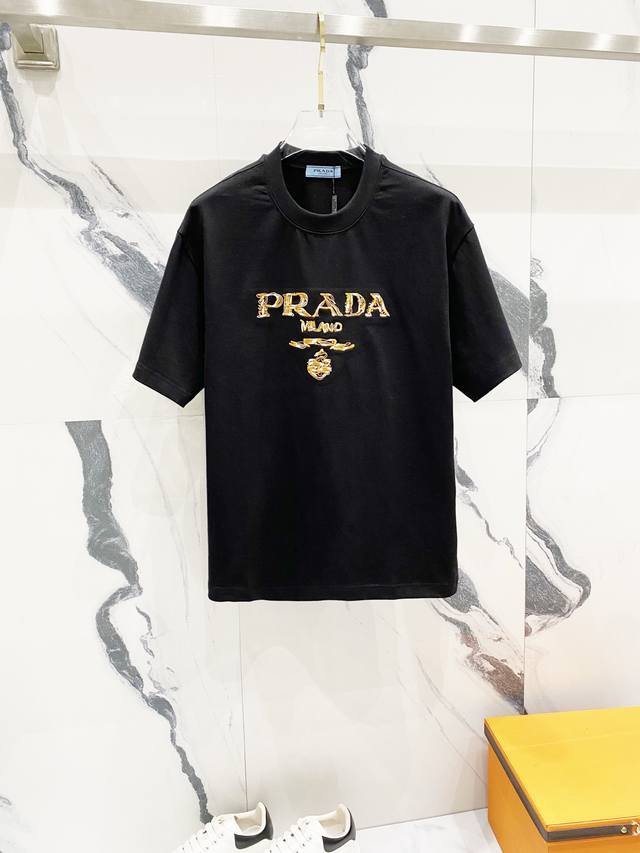 Prada 320g round neck short-sleeved T-shirt with classic chest embroidery and br