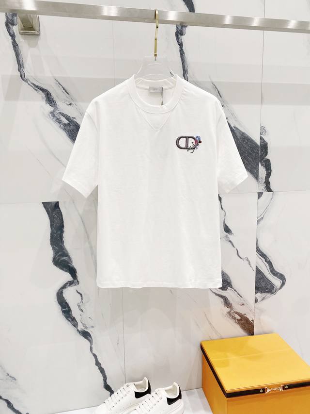 Dior 320g round neck short-sleeved T-shirt with simple floral and CD letter embr