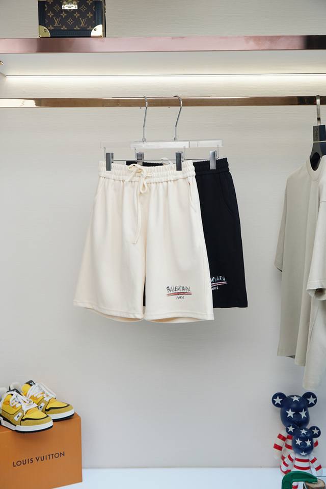Balenciaga men's pure cotton casual shorts with elastic waistband and drawstring
