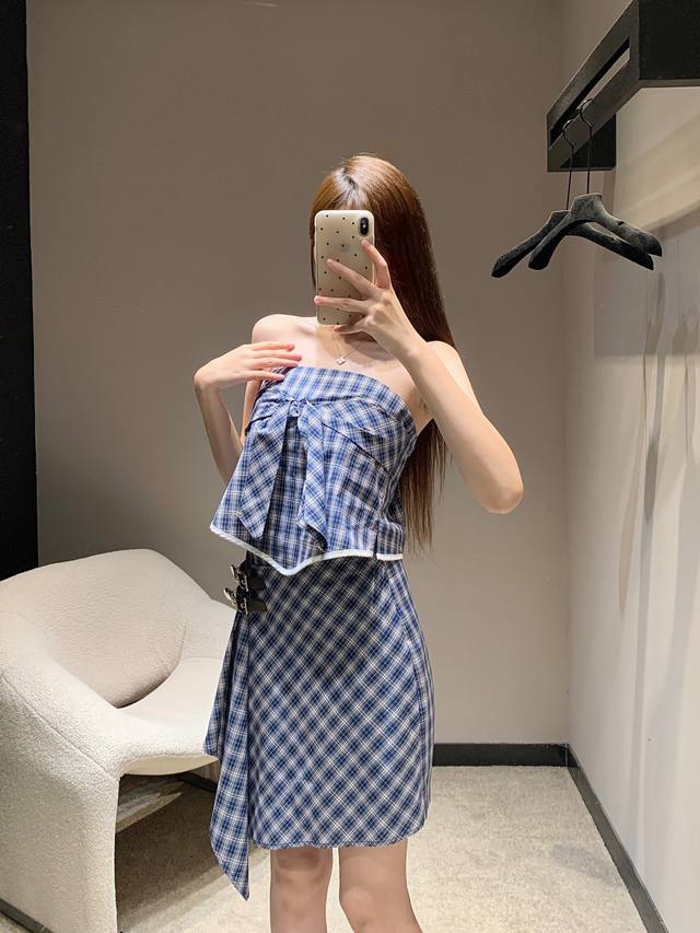 Tube Top Skirt Miumi*25Ss Spring/Summer New Plaid Butterfly Strap Tube Top Vest