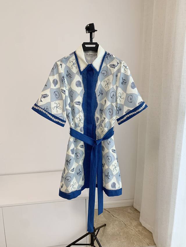 New 6 8 10 12 Alem Linen Blue and White Pearl Skirt