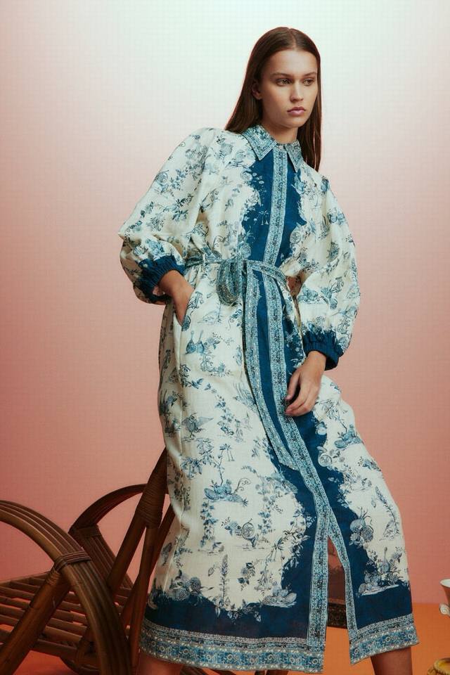 Pre-order 6 8 10 12 Alemais linen blue and white plant shirt dress