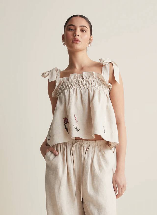 New Arrival Pre-order 6 8 10 12 Joslin Linen Natural Floral Embroidery Set Top B