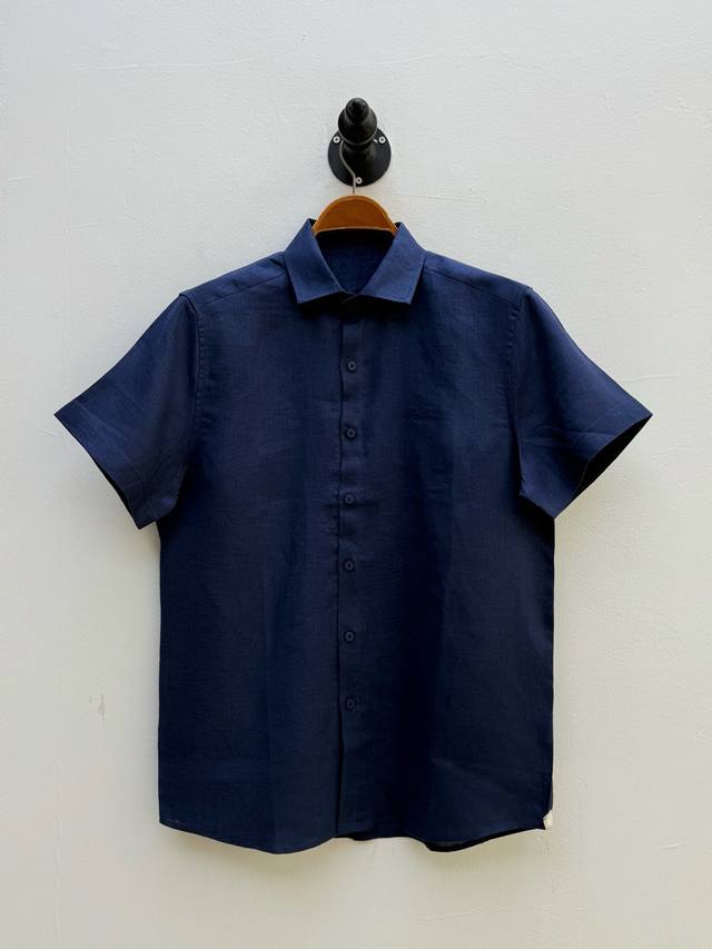 Lp solid color logo embroidered linen short-sleeved shirt, produced by OEM facto