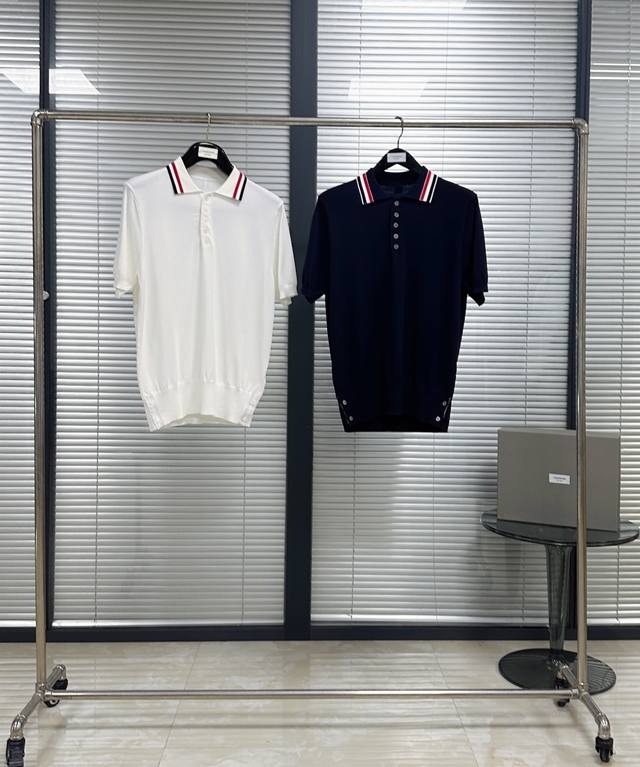 Collar three-color ice silk short-sleeved Polo Color: Navy blue and white Size: