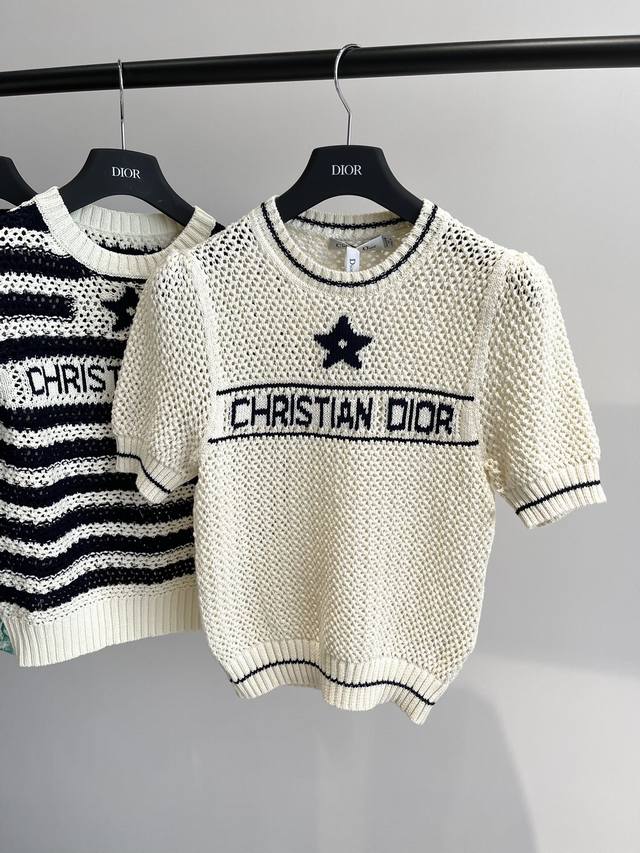 New! Dr2025 Openwork Short-Sleeve Sweater in white and navy cotton jersey with a