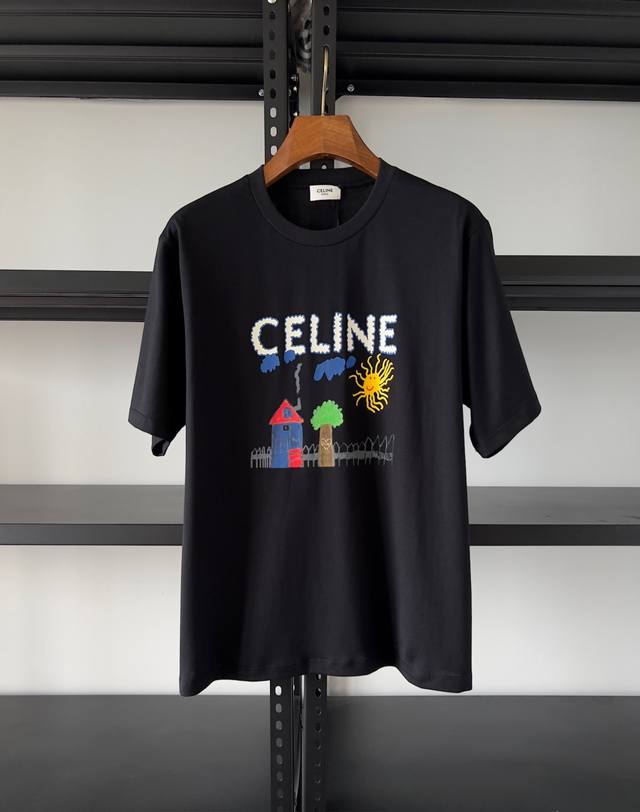 Authentic. Celin Drawing Series Loose Drop Shoulder Lettering Graffiti Short Sle
