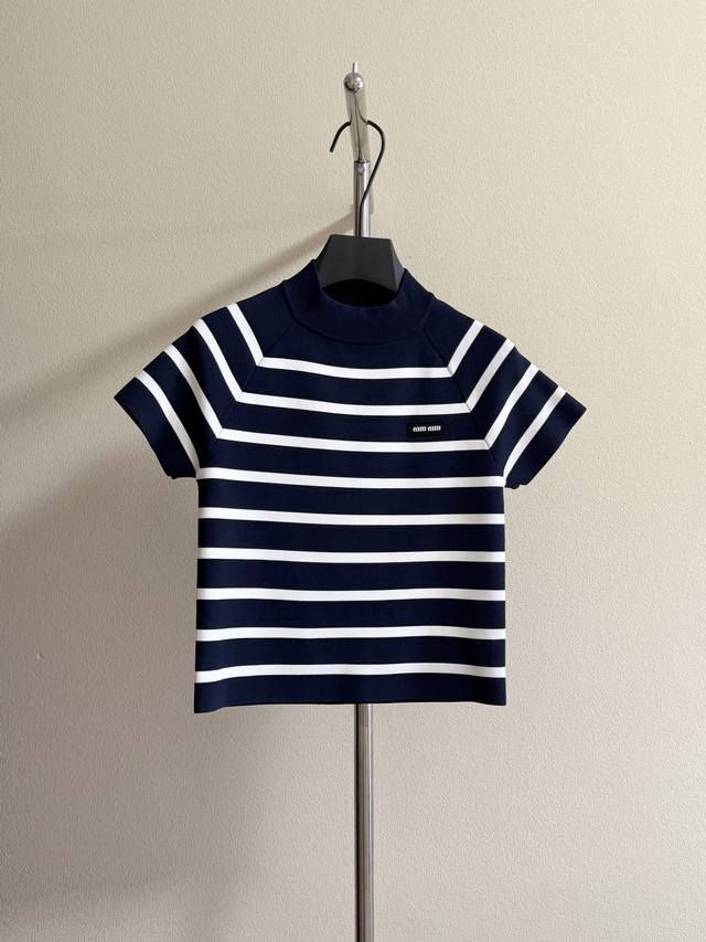 Miu stand-up collar striped sweater. Classic blue and white stripes, all woven i