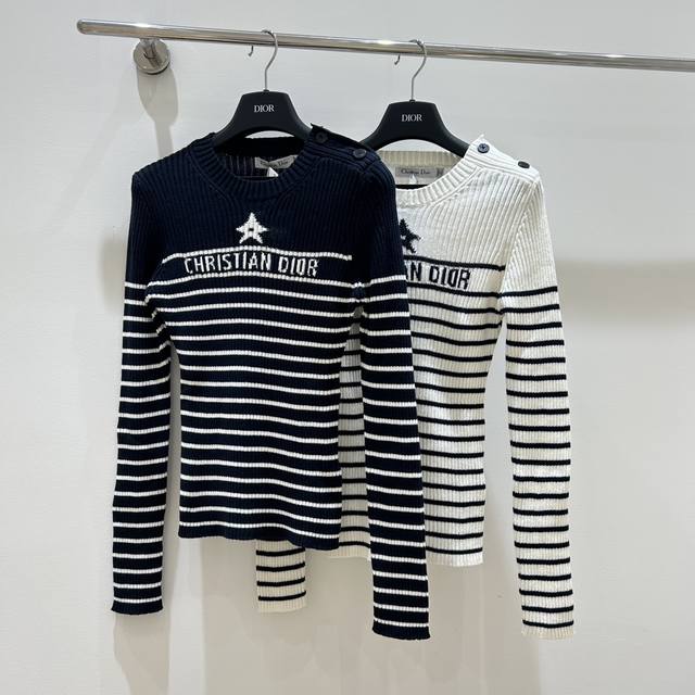 New women's knitted sweater Dior striped shoulder button long sleeves, classic s