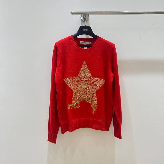 Dior& Dior new red round neck floral five-pointed star embroidery long sleeve kn