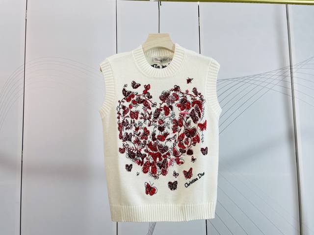Dior& Dior new red heart heavy embroidery process red butterfly flower pattern s