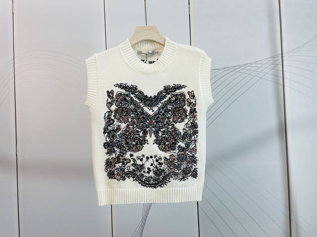 Dior& Dior new heavy embroidery butterfly pattern series round neck knitted vest