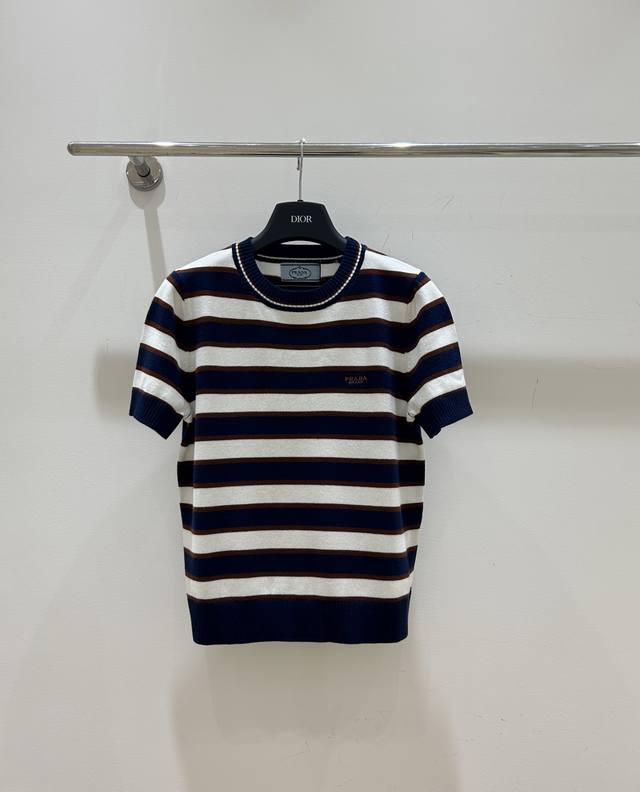 New Prada short-sleeve top is here for summer! Round neck design, classic stripe