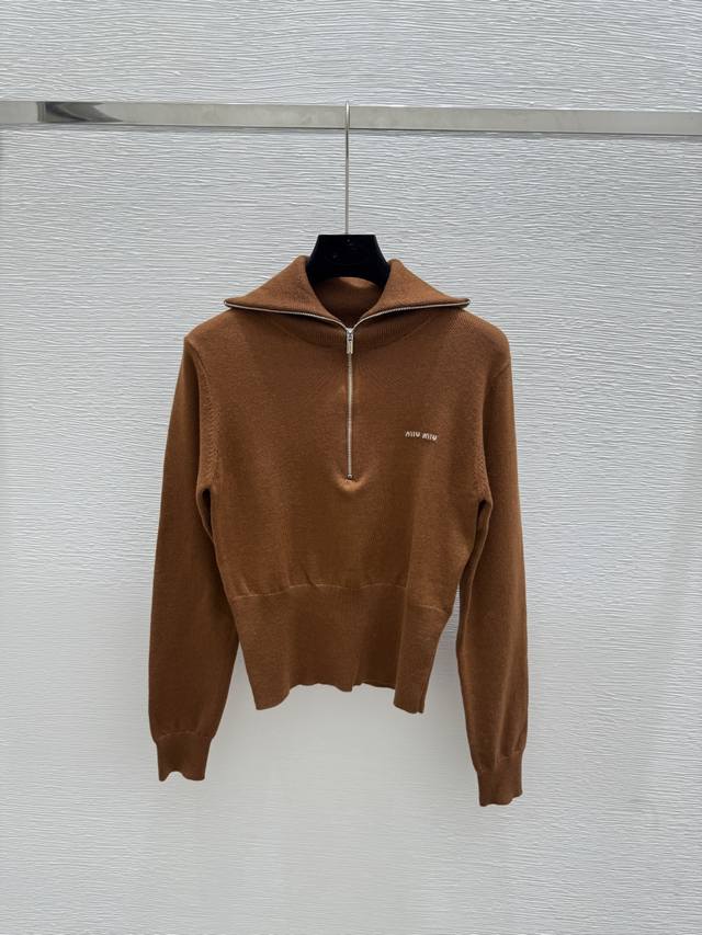 M's early autumn new solid color zipper lapel knitted long sleeves Color: Carame