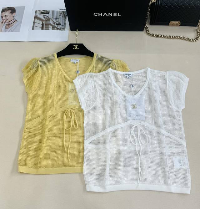 Chane*25 summer new hollow knit V-neck short-sleeved classic double C element bl