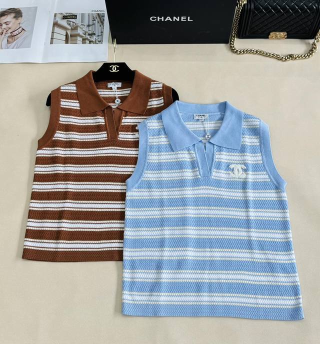 Chane*25 new summer knitted sleeveless polo shirt. Striped elements are retro an
