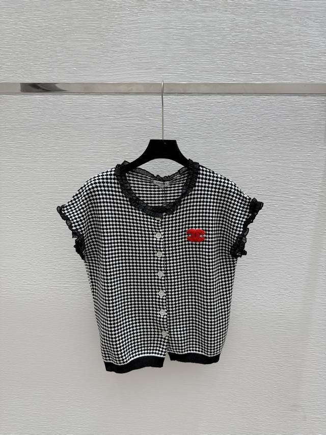 Chi's new summer style contrast color plaid stripes lace collar knitted short sl