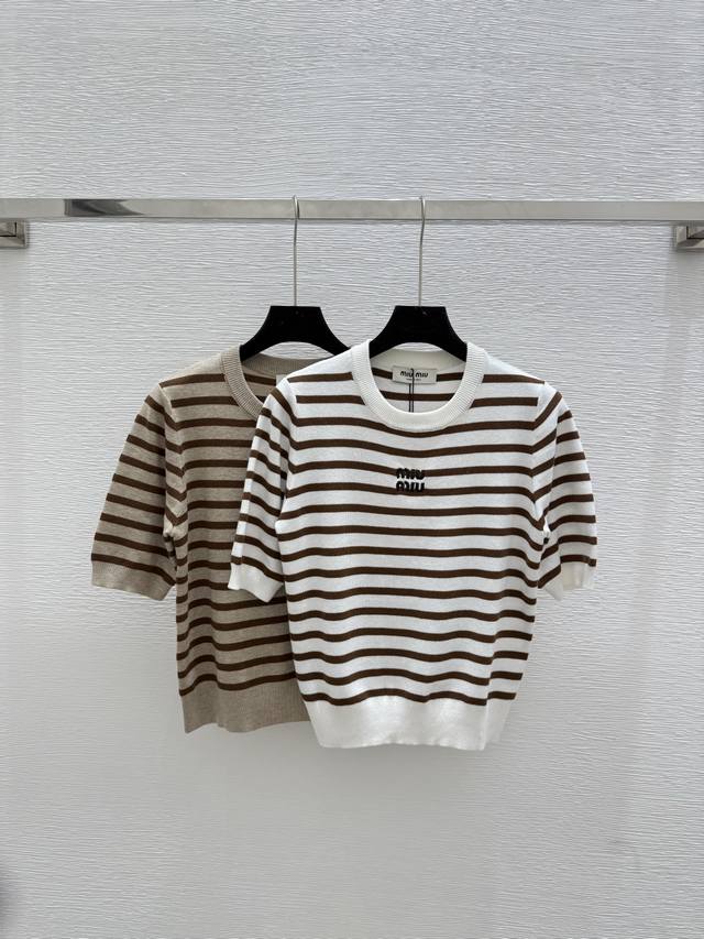 M's new summer style contrast striped round neck knitted short sleeves Color: wh