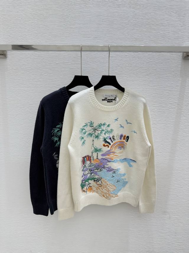 D's early autumn new beach embroidery round neck knitted long sleeves Color: apr