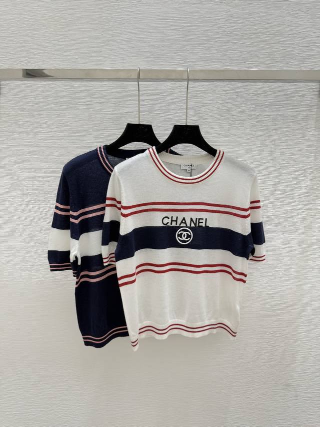 Chi's new summer style contrast striped round neck knitted short sleeves Color: