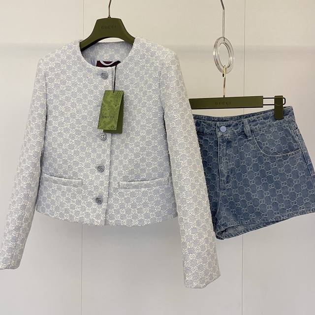 Gucc'25Ss Early Fall New Arrivals: Aqua Blue Tweed Jacket with Double G Monogram