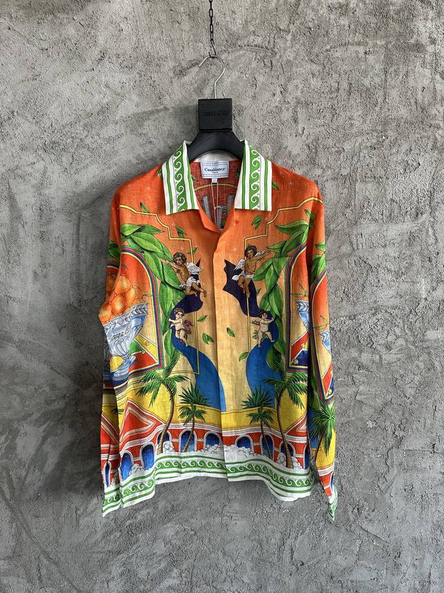 Casablanca SS Trophy Print Linen Long Sleeve Shirt. Made from imported high-dens